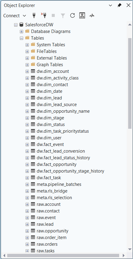 Screenshot of star schema in SQL Server